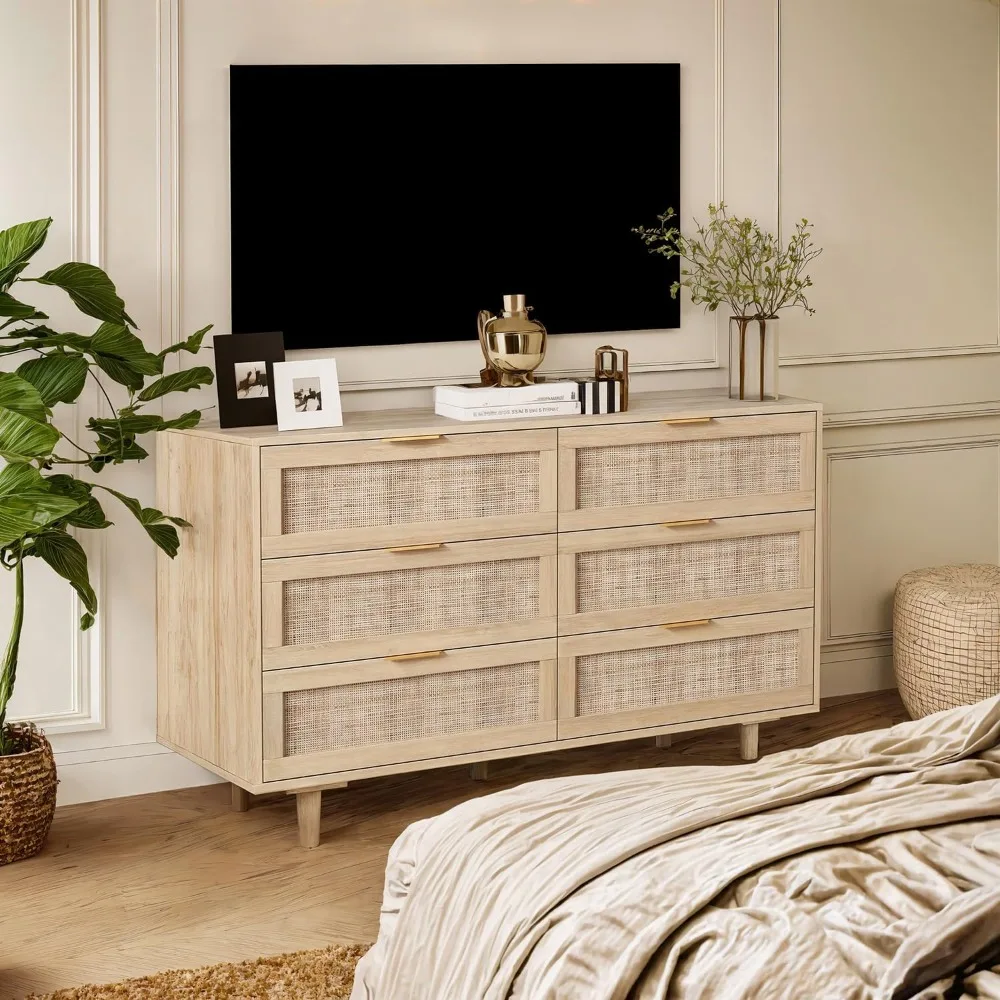 Rattan Dresser for Bedroom, 6 Drawer Wide Dresser, Boho&Farmhouse Chest of Drawers, 43" Clothes Storage Cabinet, Metal Handle image 6