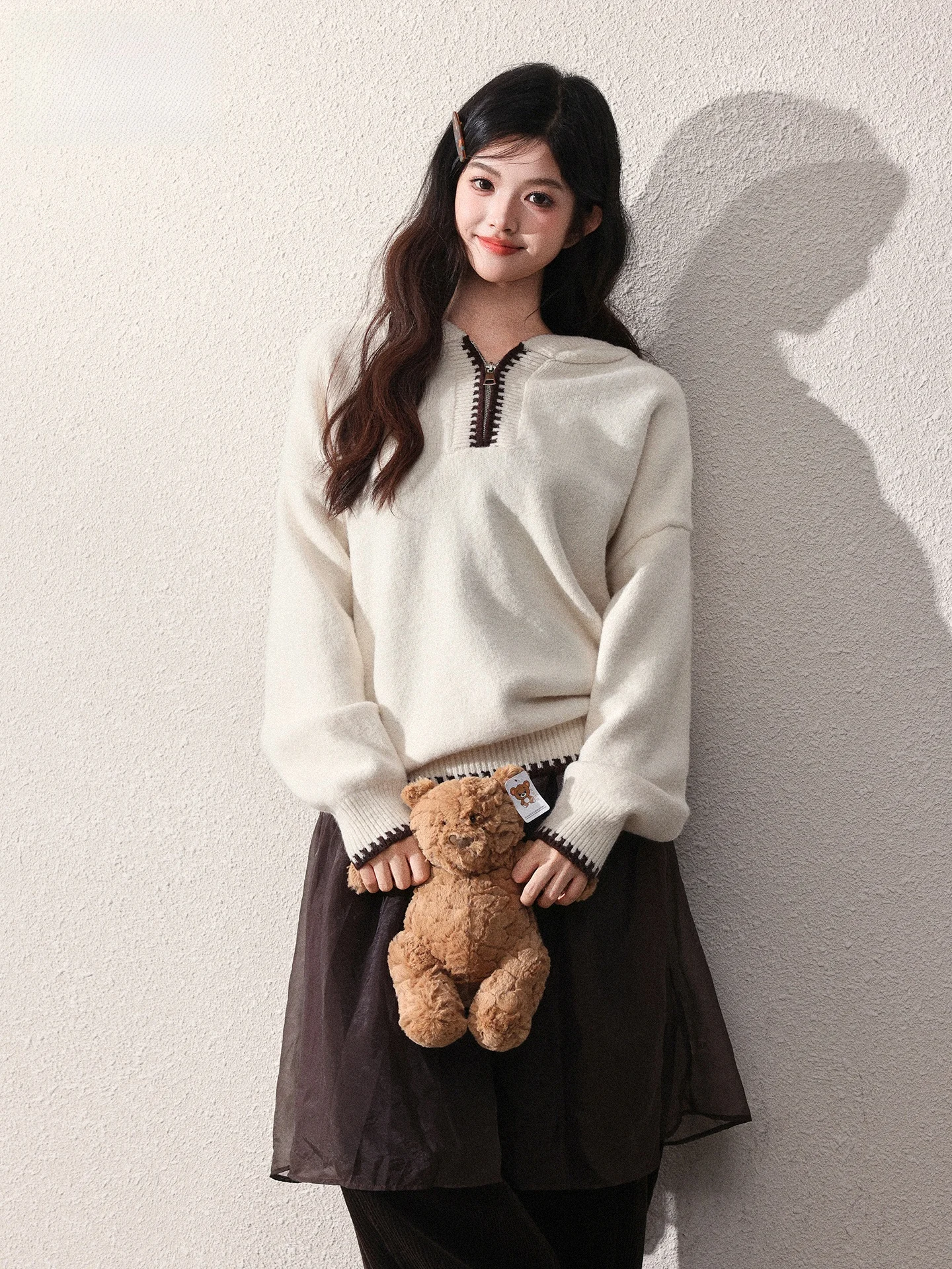 

White Hooded Half Zip Knitted Sweater Women's Casual Long Sleeve Overhead Design Summer Top Comfortable Breathable Stretchy