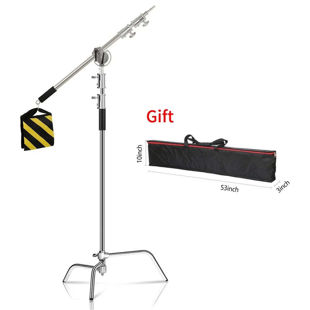 SH – support C robuste en acier inoxydable, avec bras de flèche, hauteur maximale de 260cm, support de lumière pour photographie avec bras de maintien de 107cm, 2 têtes de poignée
