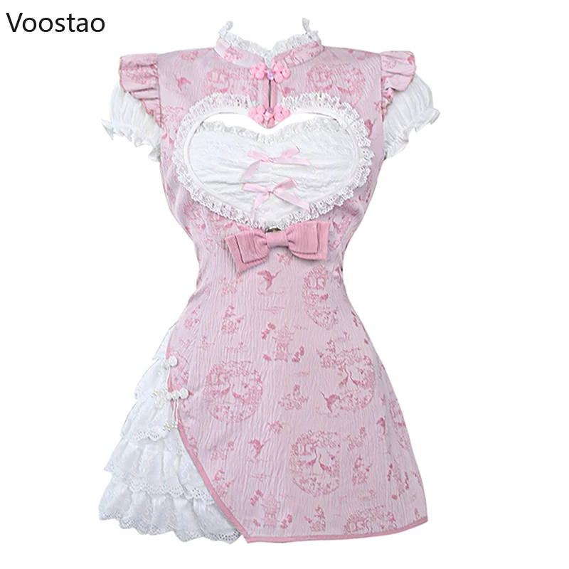 Pink New Chinese Style Vintage Lolita Dress Women Elegant Cute Apron Kitchen Maid Cheongsam Dresses Female Sweet Y2k Mini Dress