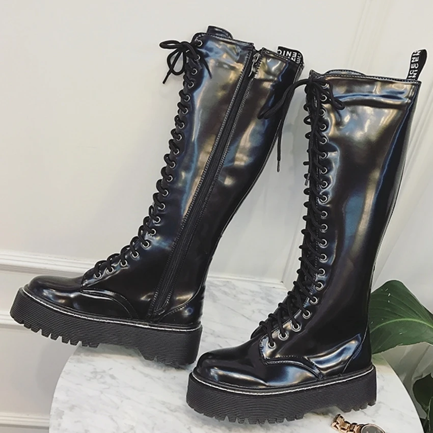 Platform Oxfords Shoes Women Lace Up Patent Leather Knee High Motorcycle Boots Female Winter Warm Round Toe Thigh High Creepers