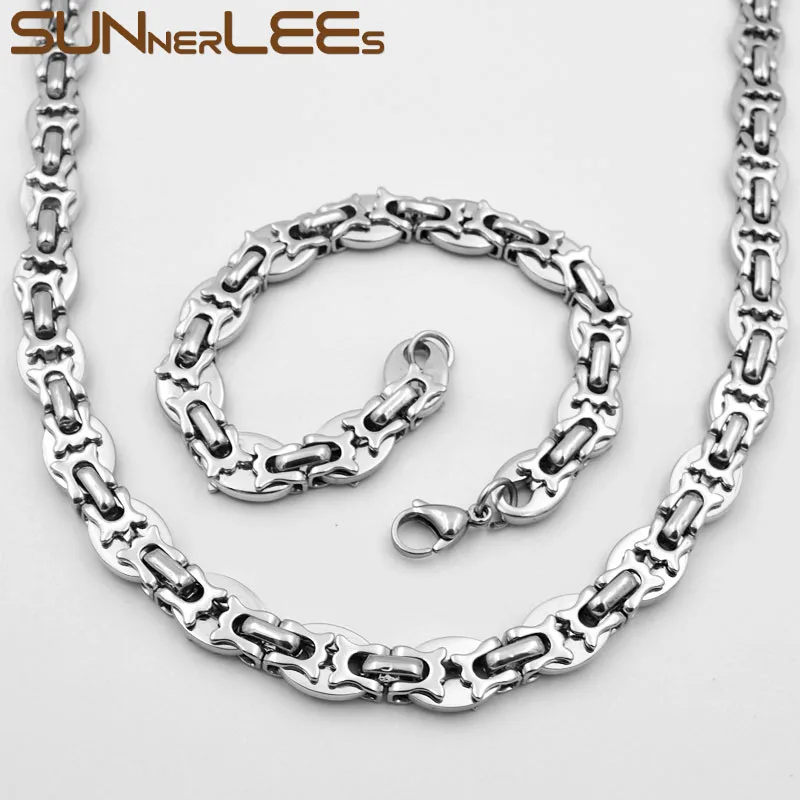 SUNNERLEES 316L Stainless Steel Necklace Bracelet Set 10mm Geometric Byzantine Link Chain Gold Silver Color Men Women SC72 S