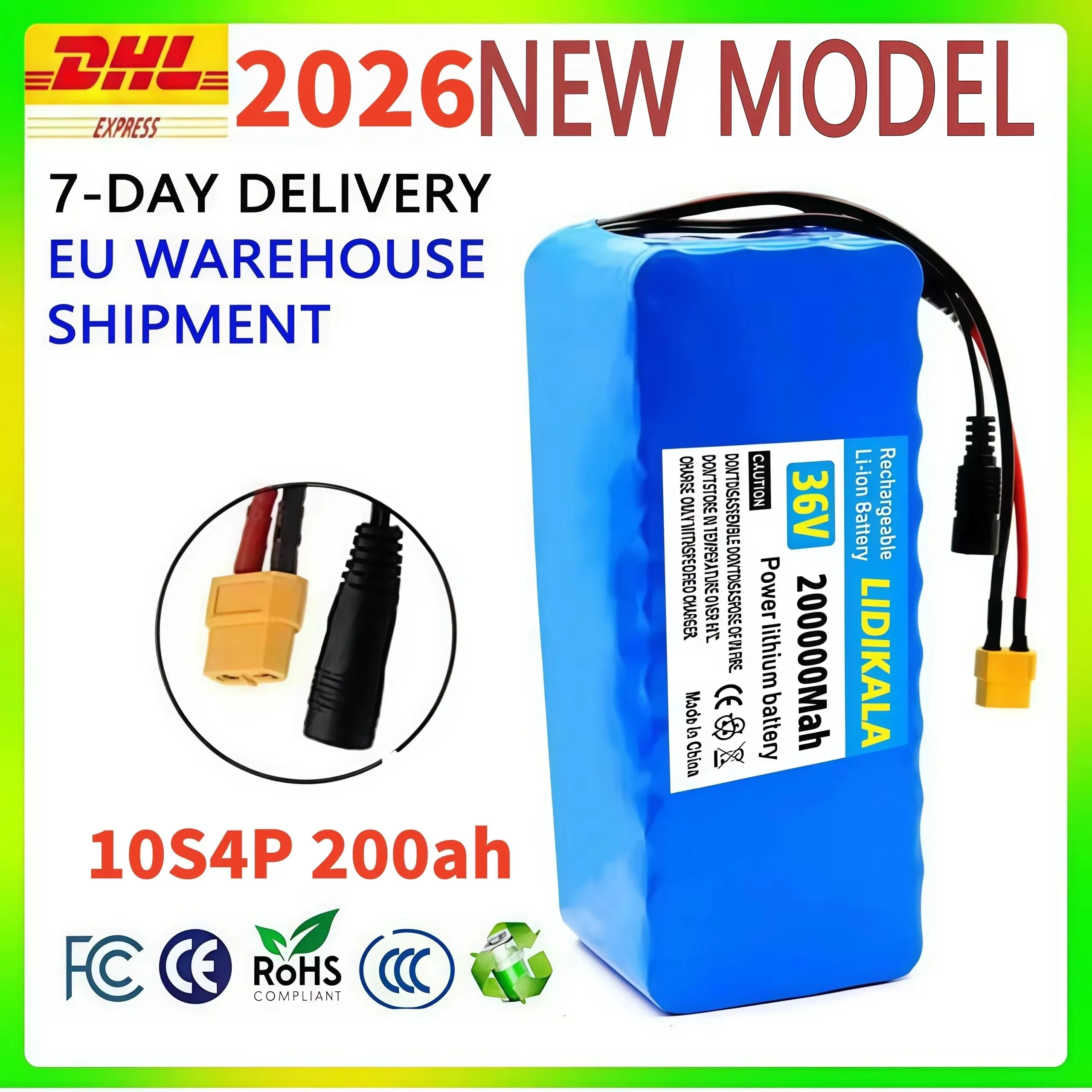 Neuer 36V 200Ah 1000W 10S4P wiederaufladbarer Lithium-Ionen-Akku, 1000W Leistung mit intelligentem BMS, geeignet für Elektrofahrräder und Elektroroller, Akku + 42V2A Ladegerät