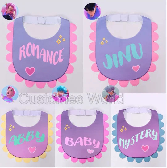 Anime KPop Demon Hunters boy band Abby Jinu Mystery Romance bebé Cosplay disfraz estampado Baberos fieltro Saliva toallitas accesorios lindos