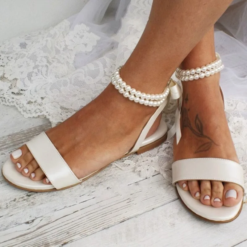 European and American Summer New Women's Flat Sandals Pearl Ribbon Sexy Foreign Trade Women's Shoes