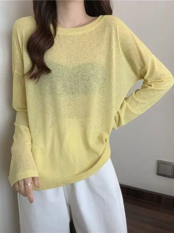 T-shirt a maniche lunghe sottile primavera/estate da donna con protezione solare in seta di ghiaccio grande 2025 Camicia con copertura esterna comfort Top ampio stile pigro