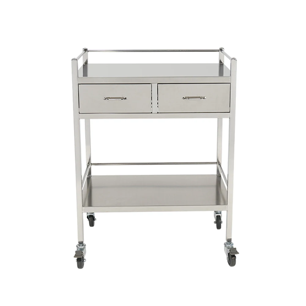 Medical Double Steel Storage Cabinet Cart Surgical Stainless Steel Medical Cart with Wheels and Drawer Modern Design Hospital