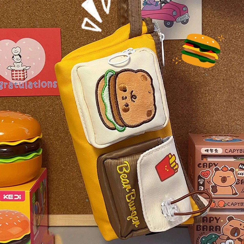 대용량 곰 버거 연필 케이스, 더블 포켓 문구 캔버스 연필 가방, 휴대용 다기능