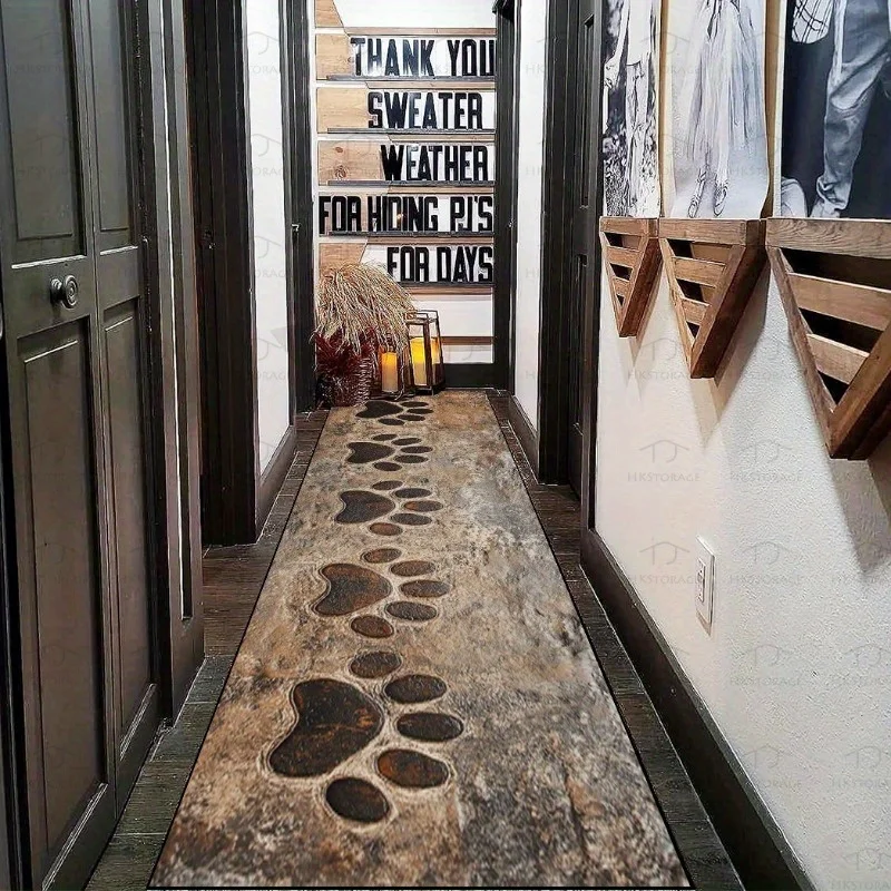 VIKAMA Retro Stone-Patterned Bear Paw Print Long Strip Carpet, Anti-Slip Kitchen Floor Mat, Wear-Resistant Corridor Foot Mat Rug