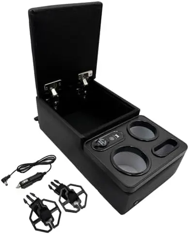 

Ящик для хранения вещей в автомобильной консоли с подстаканниками, USB-портом и подлокотником – черный