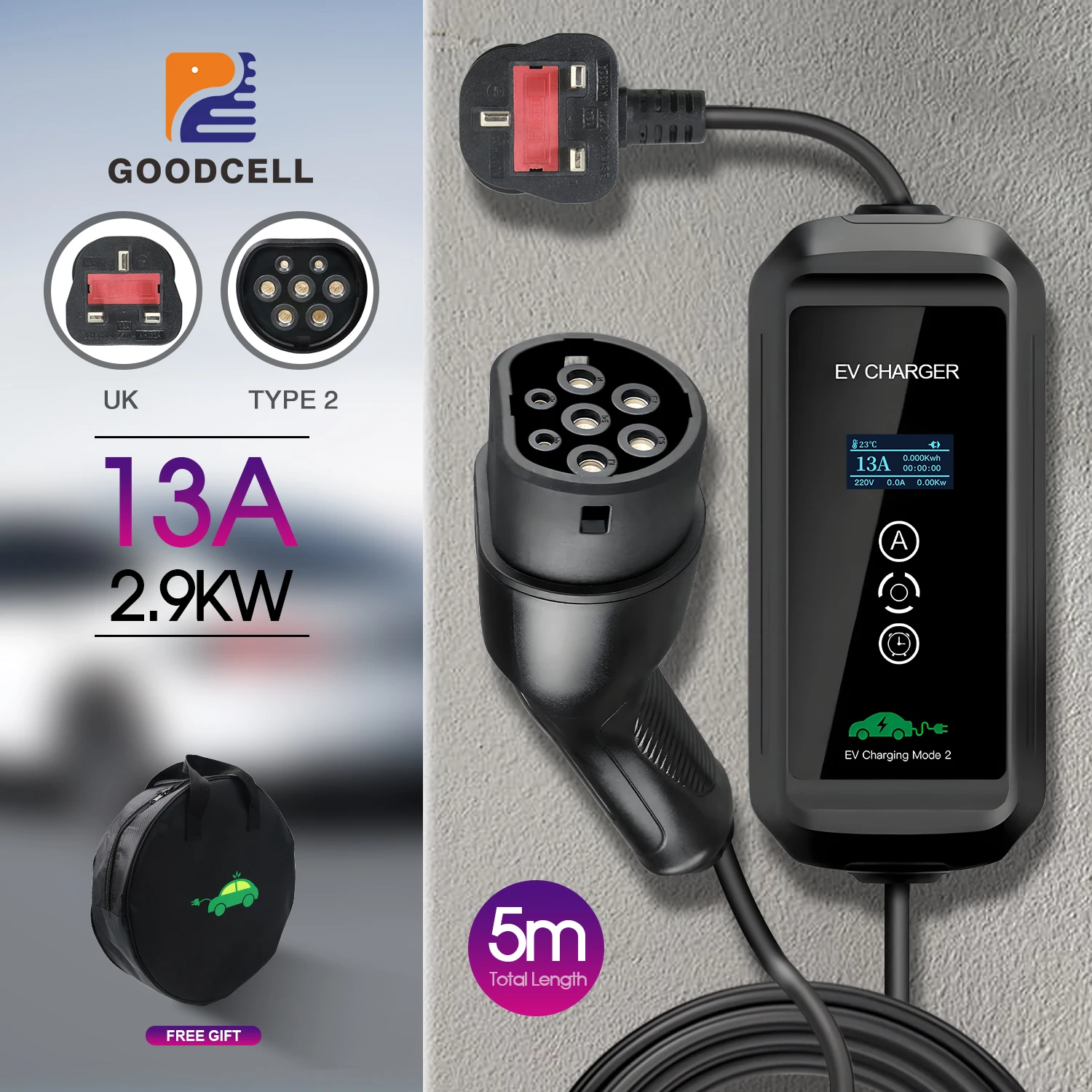 

Портативное зарядное устройство GOODCELL Type1 Type2 UK 2.9 кВт для электромобилей, регулируемое 6/8/10/13А, для домашней зарядки, IP66