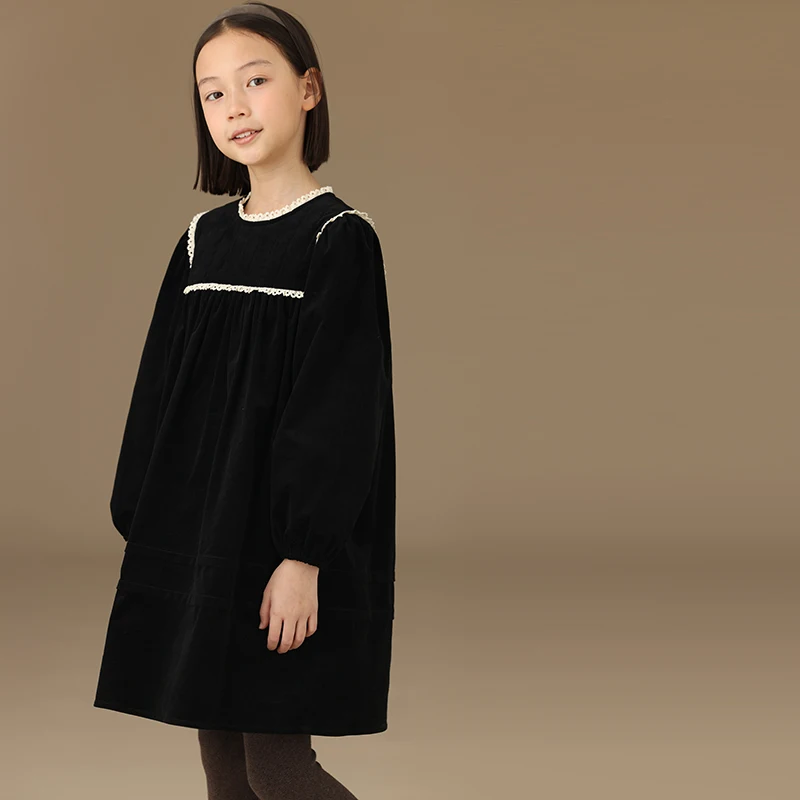 Female Child Clothes Fashion Girls Dresses Birthday 2024 Winter New Retro Black Velvet Princess Sailor Collar Baby Long-sleeved