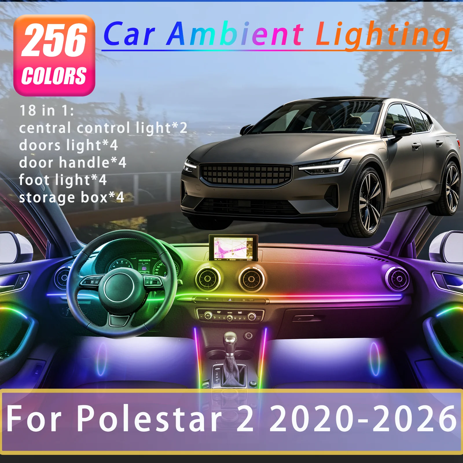 For Polestar 2 2020-2026 Years Car Interior Ambient Lights Strips Breathing Lighting Kit App Control Auto Decorative
