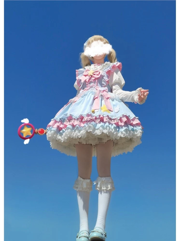 Anime Lolita Jsk Mini Jurk Set Vrouwen Zoete Magische Ster Boog Ruches Prinses Cosplay Kostuums Feestjurken Meisjes Leuke Meid Jurk