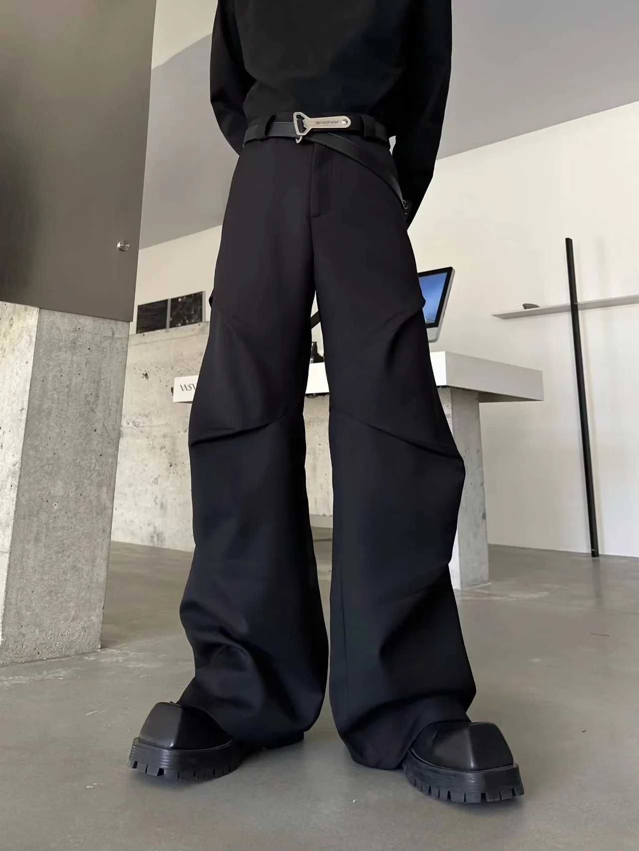 

Cleanfit American Sle Casual Wide Leg Pants Men's High Waist Trousers Folded Design Cool Trendy Straight Cut Long Trousers