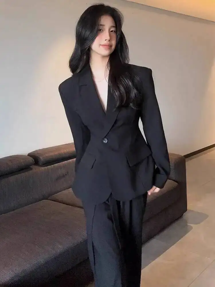 

Elegant Blazer Women Office Wide Leg High Waist Pants Suits Single Button Turn Down Collar 2025 New All Seasons Pant Suits