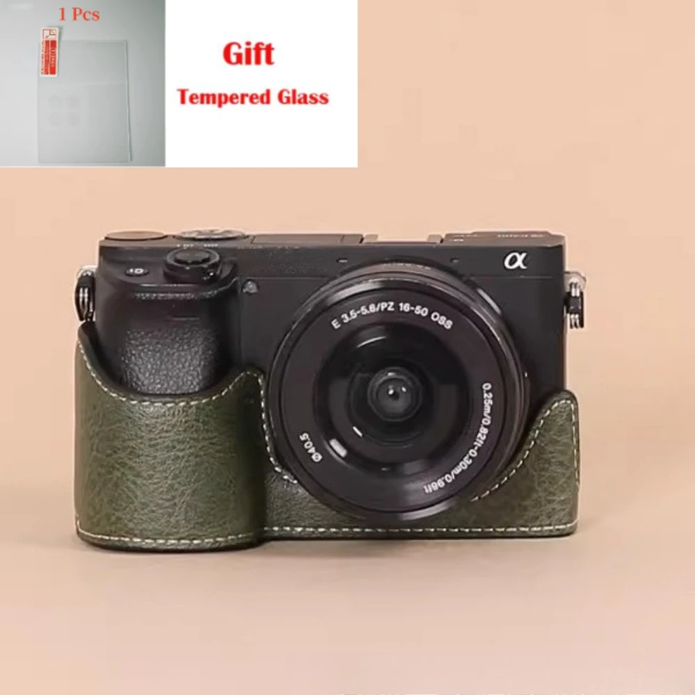 For Sony a6400 a6300 a6100 a6000 Protective case, Camera bag 6300 Half set base PU Leather case + 1 PCS Free Tempered Film