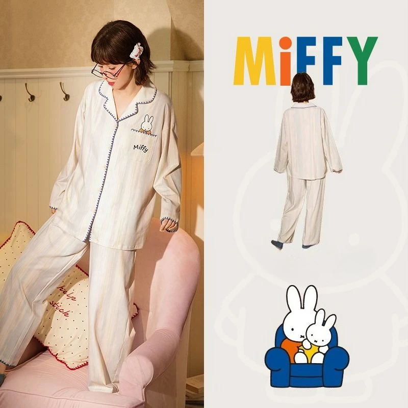 Miffy Kawaii Anime Cartoon Rabbit Pajamas Light Soft Female Pure Cotton Long-sleeved All-over Printed Striped Home Wear Suit