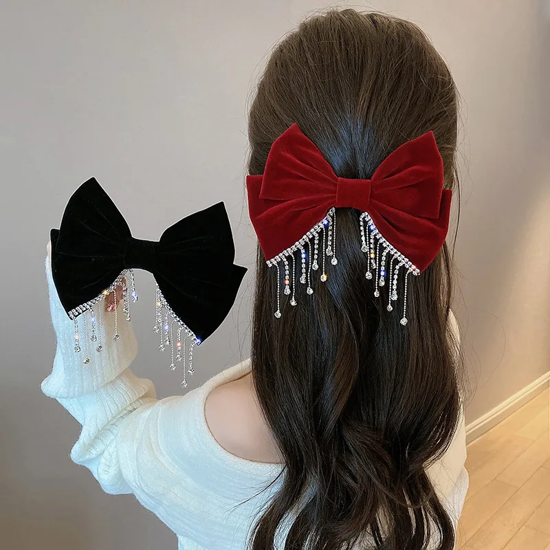 New Big Bow Bling Rhinestone Tassels Hair Clip Satin Hairpins Barrettes Ponytail Clip Elegant Shiny Double Bow Hairpin Heawear