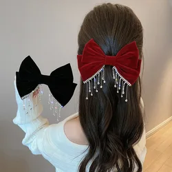 New Big Bow Bling Rhinestone Tassels Hair Clip Satin Hairpins Barrettes Ponytail Clip Elegant Shiny Double Bow Hairpin Heawear