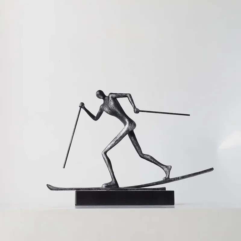 Modern Abstract Black Metal Skiing Figure Sculpture Minimalist Sports Statue Home Decor Living Room Shelf Ornament Art Gift