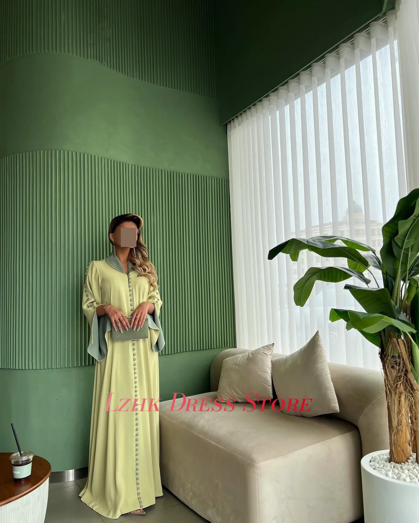 カスタマイズされた気質ジャージーAラインボタンイブニングドレスフォーマルロングスリーブVネックフロアレングス