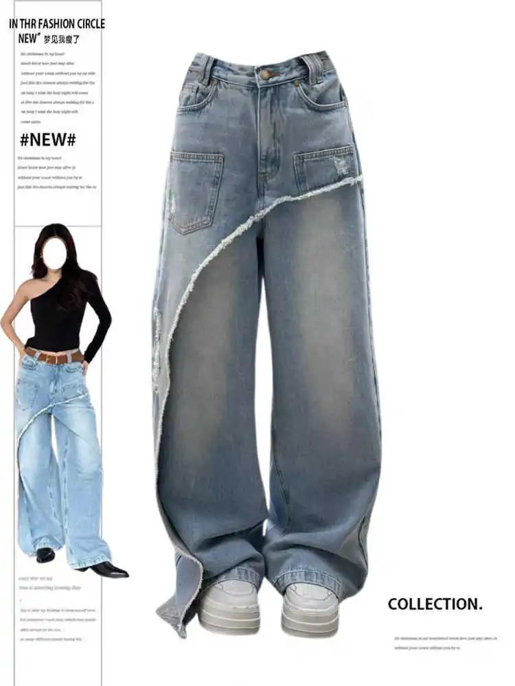 

2025 Autumn Women's Casual Style Jeans Vintage Aesthetic Harajuku Loose Washed Pants Blue Wide Leg Punk Baggy Denim Trouser