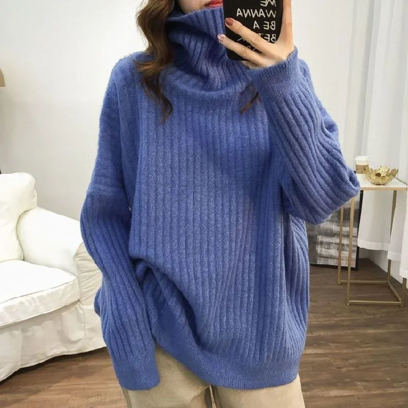 2023 Autumn and Winter Women\'s New High Neck Loose Knitted Sweater Thickened Solid Color Comfortable Versatile Pullover Top