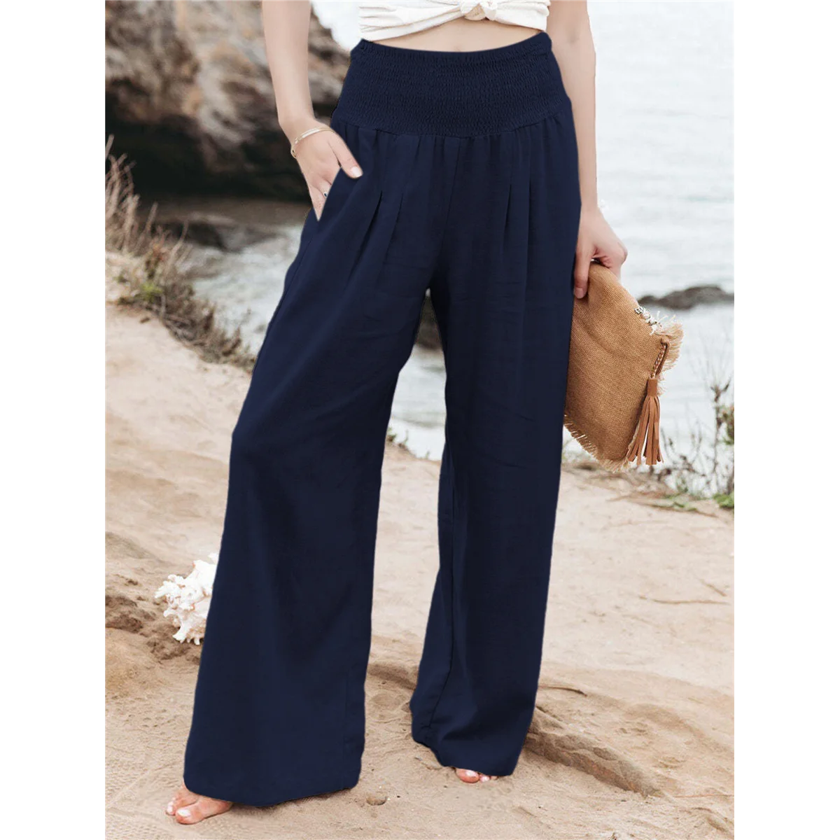 

CYL-Women Linen Palazzo Pants Navy Blue XXL
