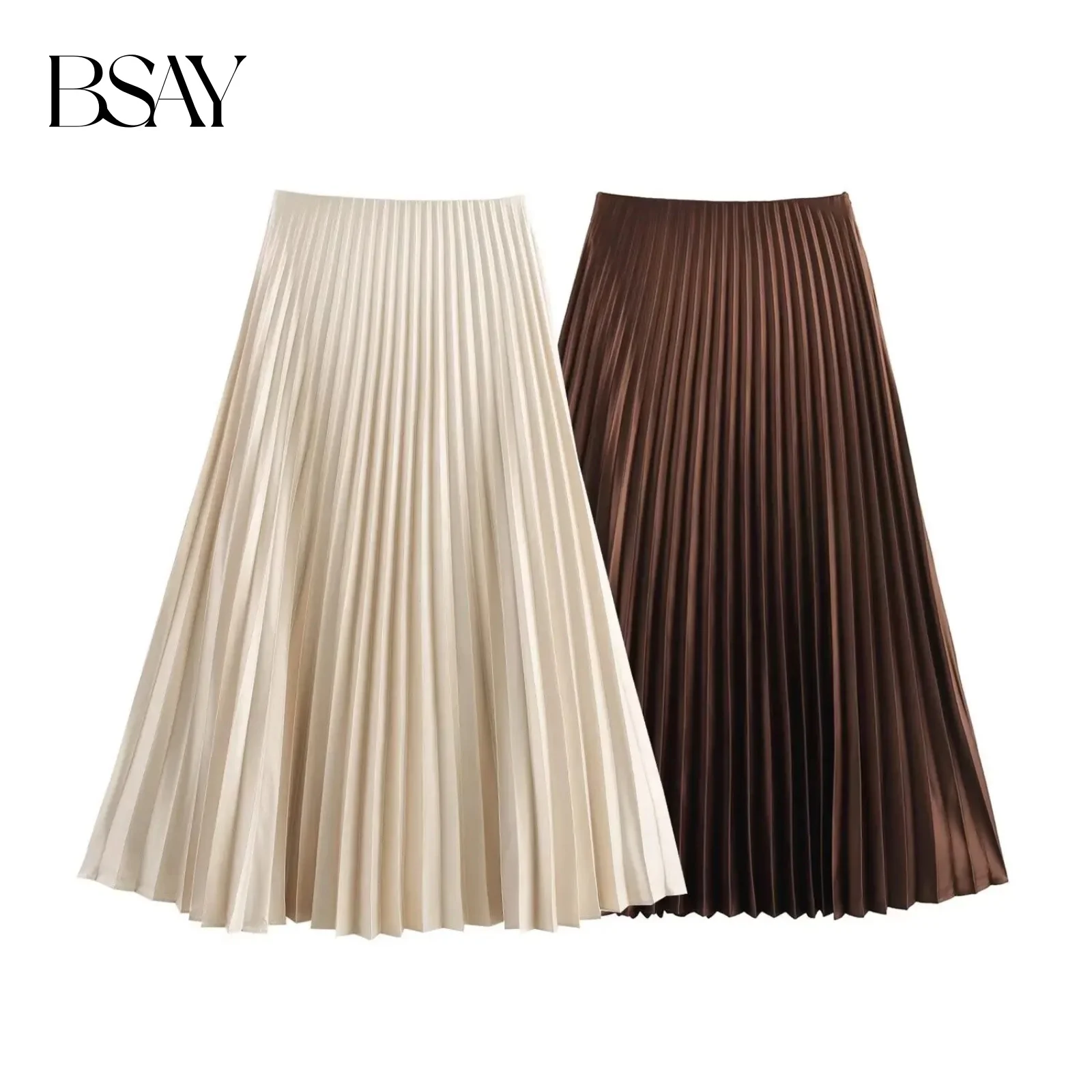 

BSAY Skirt For Women Fashion spring summer Solid Side Zip Pleated Female High Waist Elegant A-line Long Midi Skirts Mujer