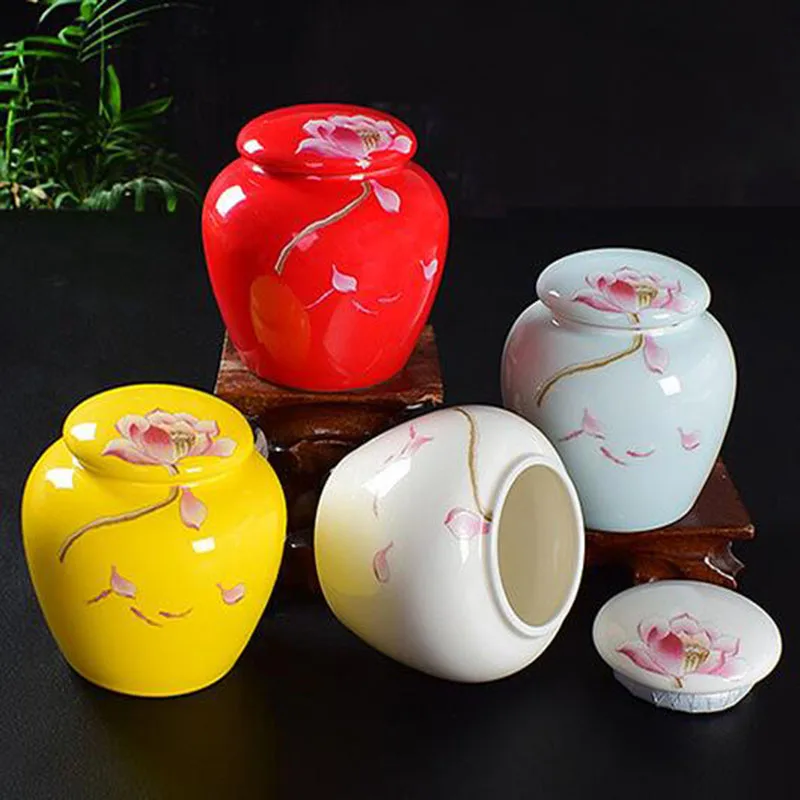 Porcelain Lotus Pattern Tea Caddy Sealed Storage Tea Jar Cosmetics Power Coffee Tea Box Kitchen Teaware 185ml