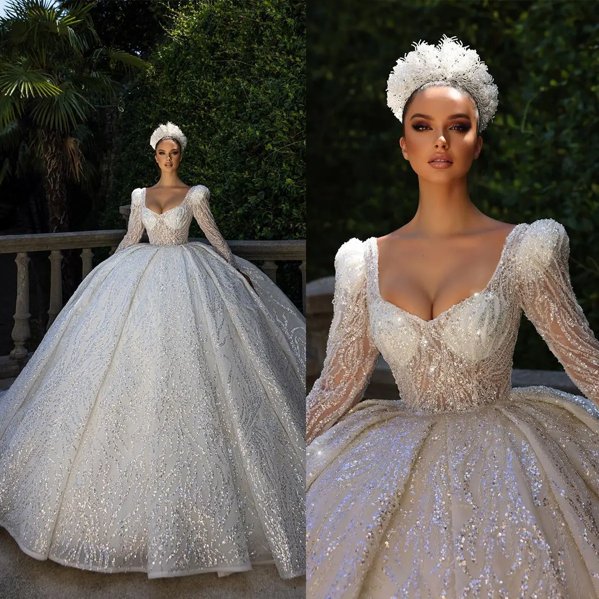 

Gorgeous Illusion Lace Wedding Dresses Ball Gown Sexy Sequined Bridal Dress Full Sleeve Custom Made Gowns