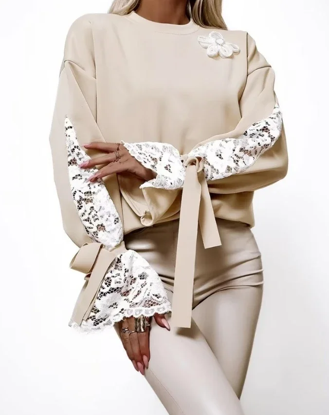 

T-shirt Woman Mesh 2024 Autumn Winter Lace Patchwork Black Fungus Edge Long Sleeved Top Fashion Elegant Casual Sexy Pullover