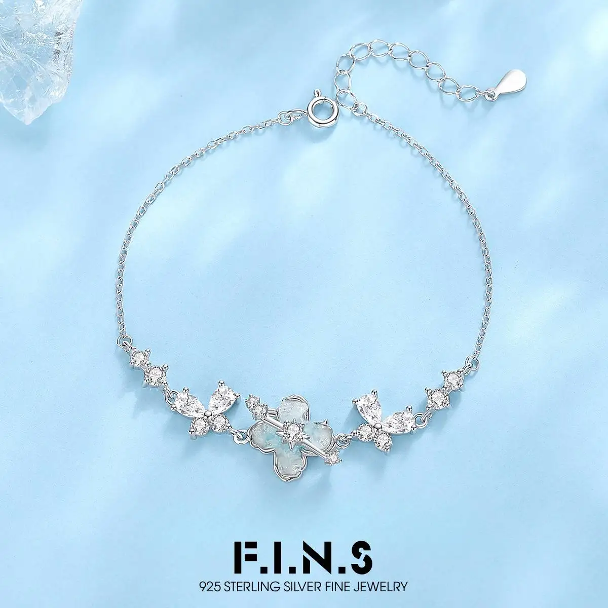 F.I.N.S Original Glow-in-the-Dark Crushed Ice Four-Leaf Bracelet for Women Luxury S925 Sterling Silver Clover Hand Jewelry Gifts