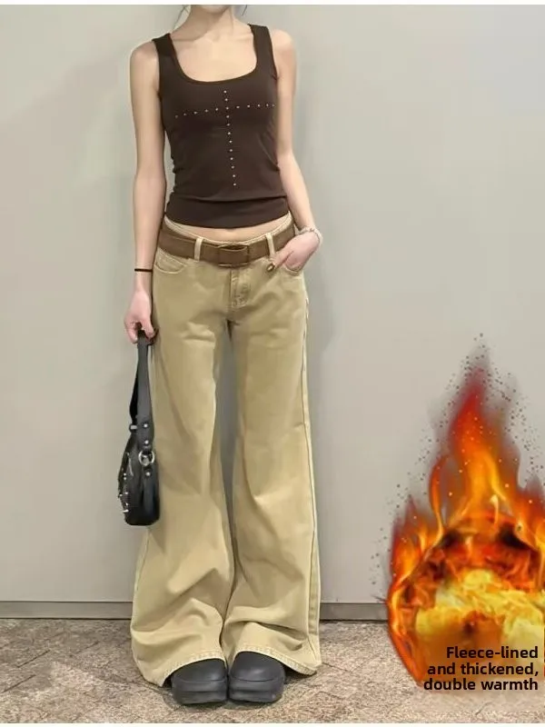 

plus Size Women's Fleece Lined Thickened American Style Bell Bottom Jeans Autumn Winter New Slimming Floor Length Pants