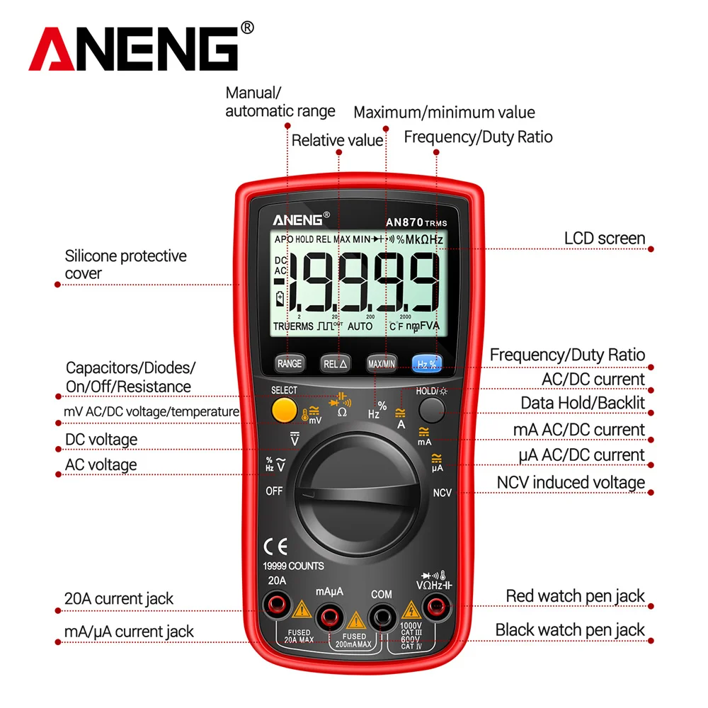 ANENG-AN870 Multímetro Digital, 1999 Contagens, True Rms, Transistor Tester, Voltimetro, Medidor de Capacitância Profissional