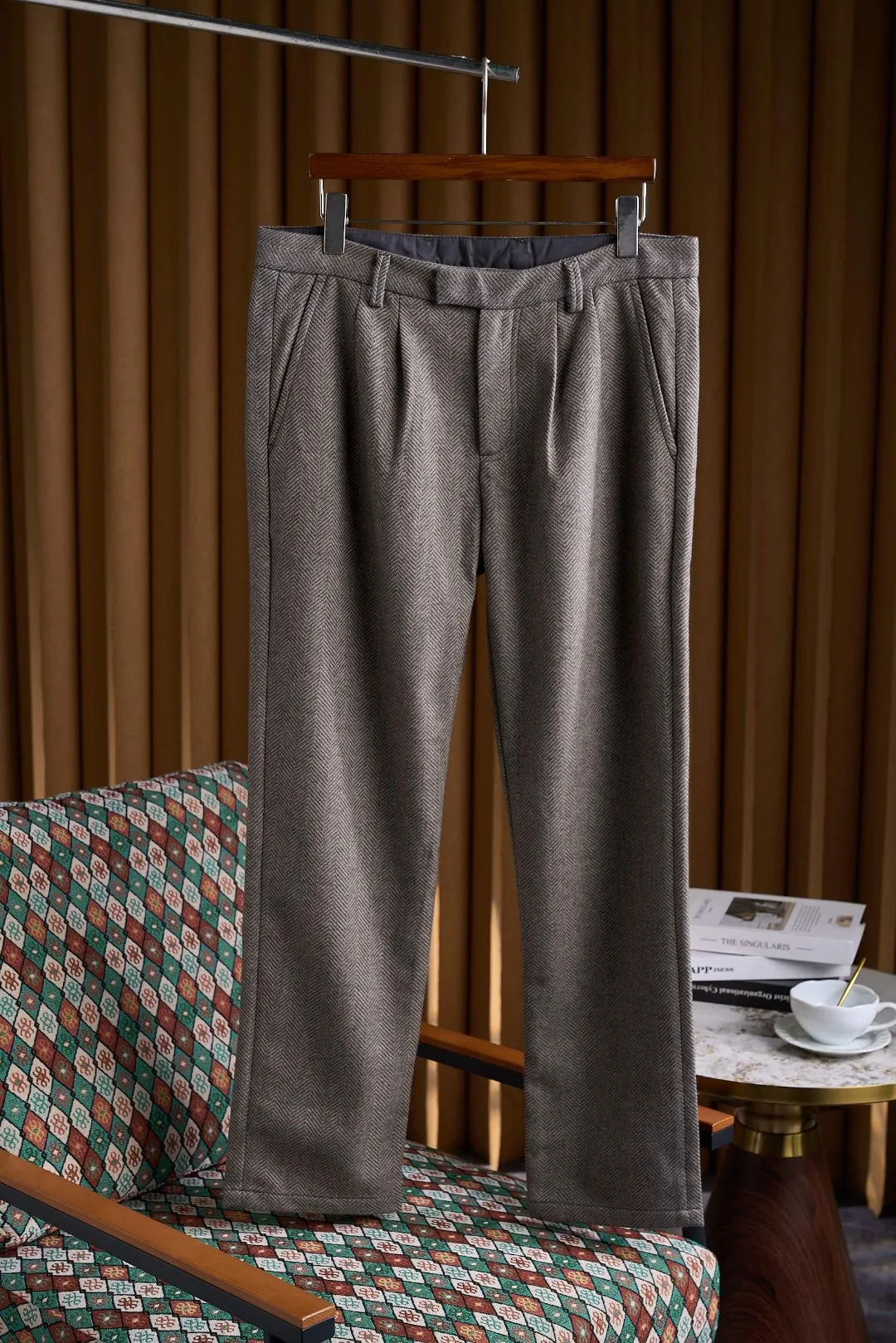 

Men's Autumn Winter Straight Leg Woolen Casual Pants Handmade Tweed Double Pleat Comfortable Fit Straight Tube Trousers