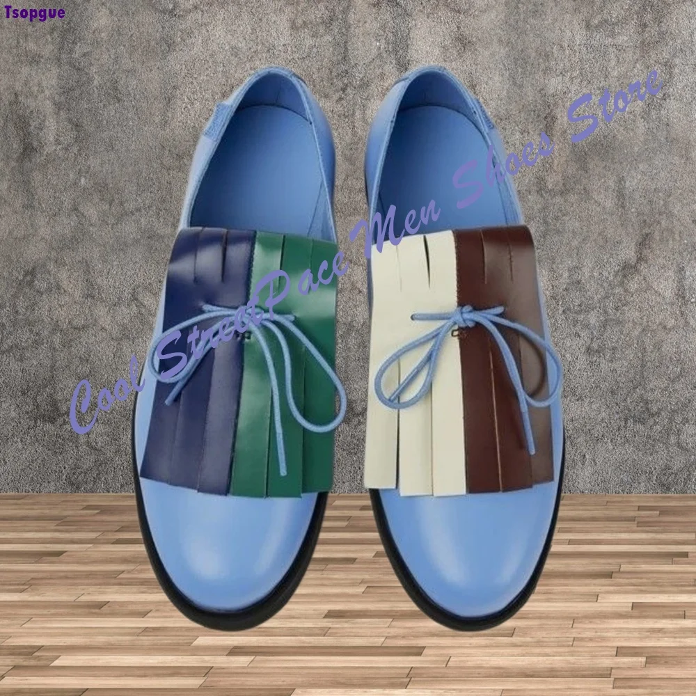 Lace Up Oxford Dress Shoes Men Light Blue Upper Multi Color Fringe Spliced Panel Contrast Color Flat Low Heel Fashion Handmade