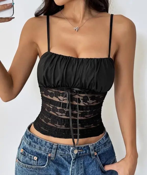

Top Women 2026 Spring Summer New Solid Color Sexy Lace Patchwork Square Collar Sleeveless Slim Fit Daily Basic Cami Top