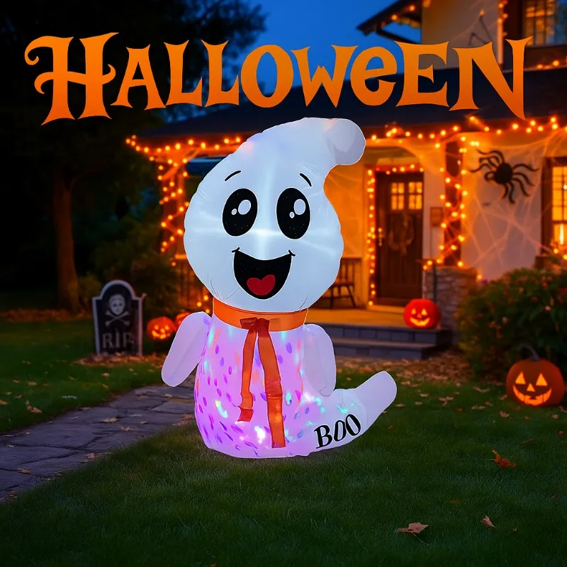 ألعاب الهالوين القابلة للنفخ بطول 4 أقدام، زينة شبح بيضاء مع ضوء ساطع أبيض مدمج، ديكورات ساحة قابلة للنفخ #3