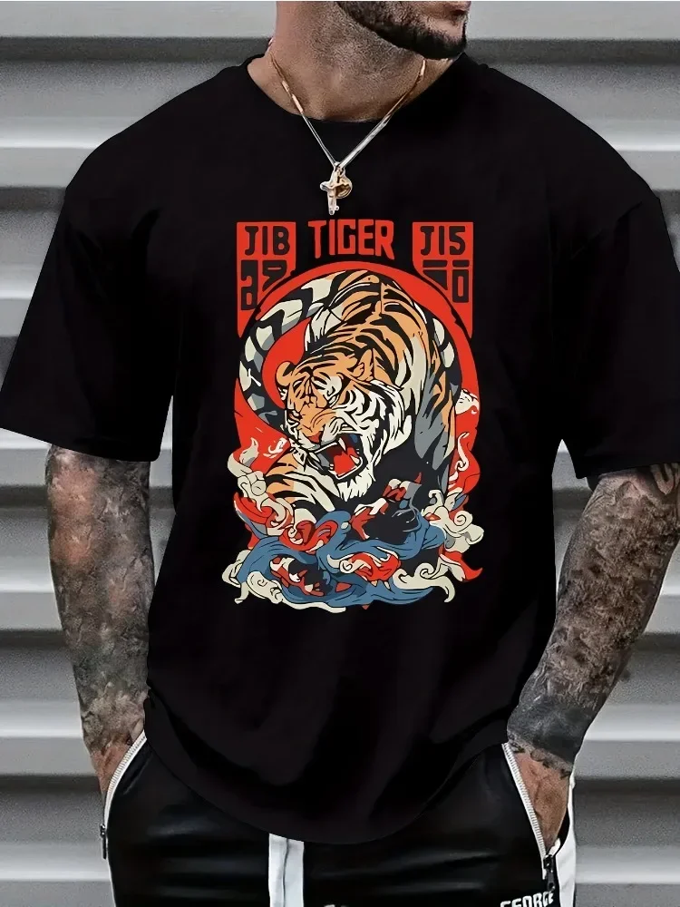Mens White Crew Neck Short Sleeve T Shirt Oriental Wave Tiger Graphic Retro Streetwear Casual Summer Daily Tops For Young Male