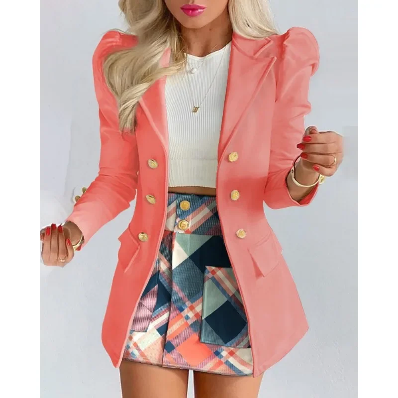 Office Lady Slim Fit Long Sleeve Lapel Double Breasted Jacket Top Pocket Skirt Suit Outfits Elegant Women Blazer Two Piece Set