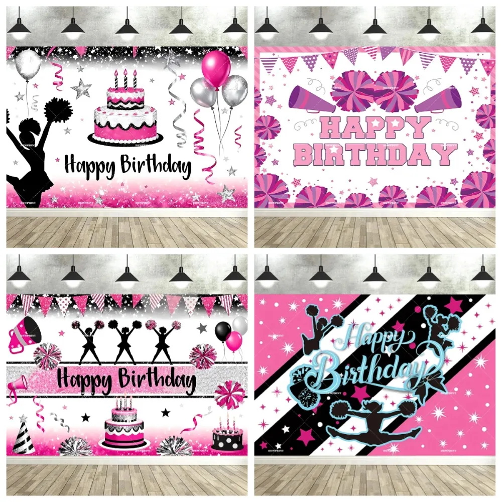 

Purple pink themed cheerleading birthday decoration photography background, girl cheerleading party decoration banner background
