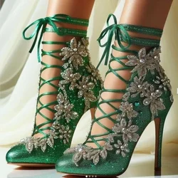 Green Lace Up Pattern Hollow Pumps Thin High Heel Pointed Toe Fashionable Cool Sexy Western Summer Woman Shoes Zapatillas Mujer