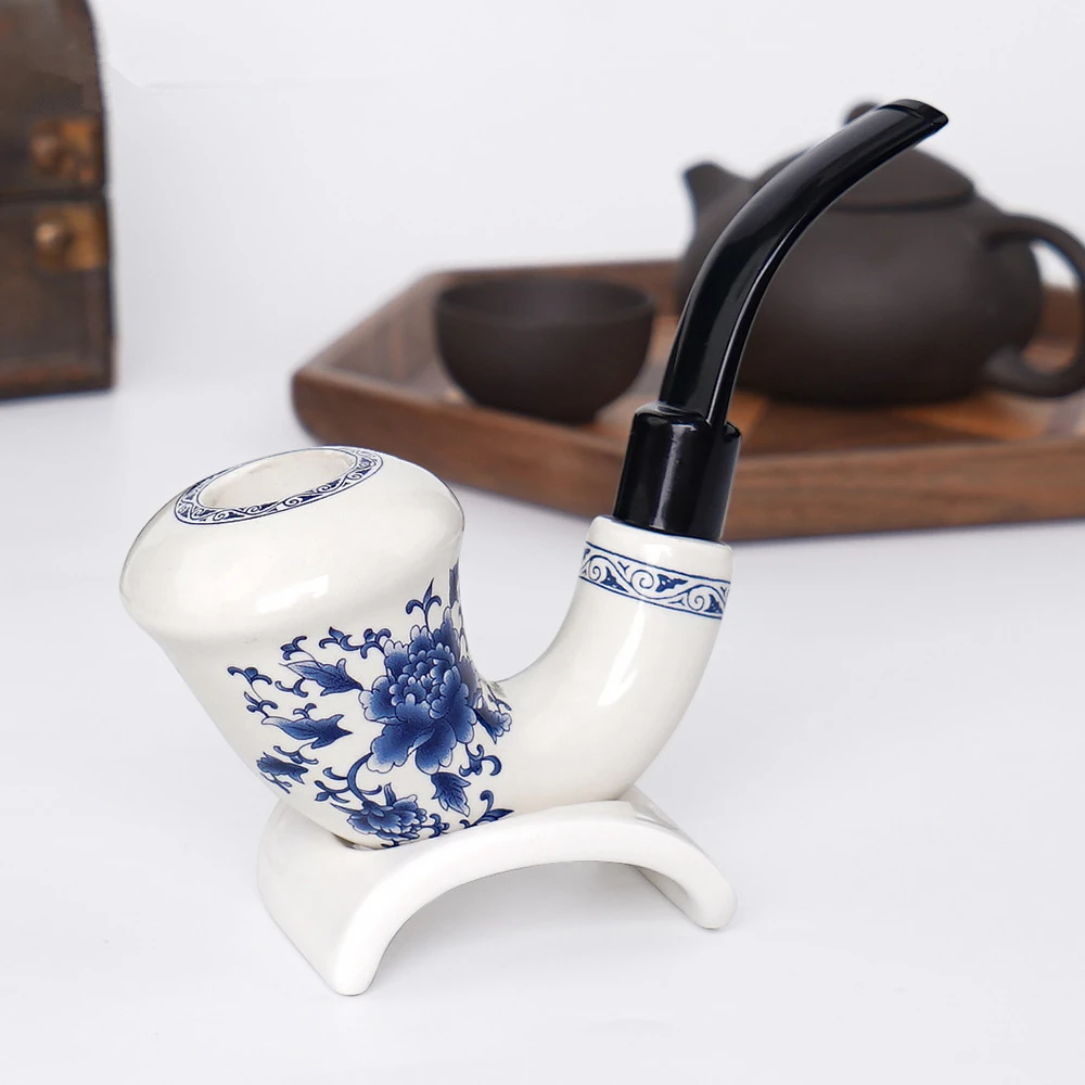 Chinese Style Ceramic Tobacco Pipe and Stand Set Cyan and White Ceramic Products