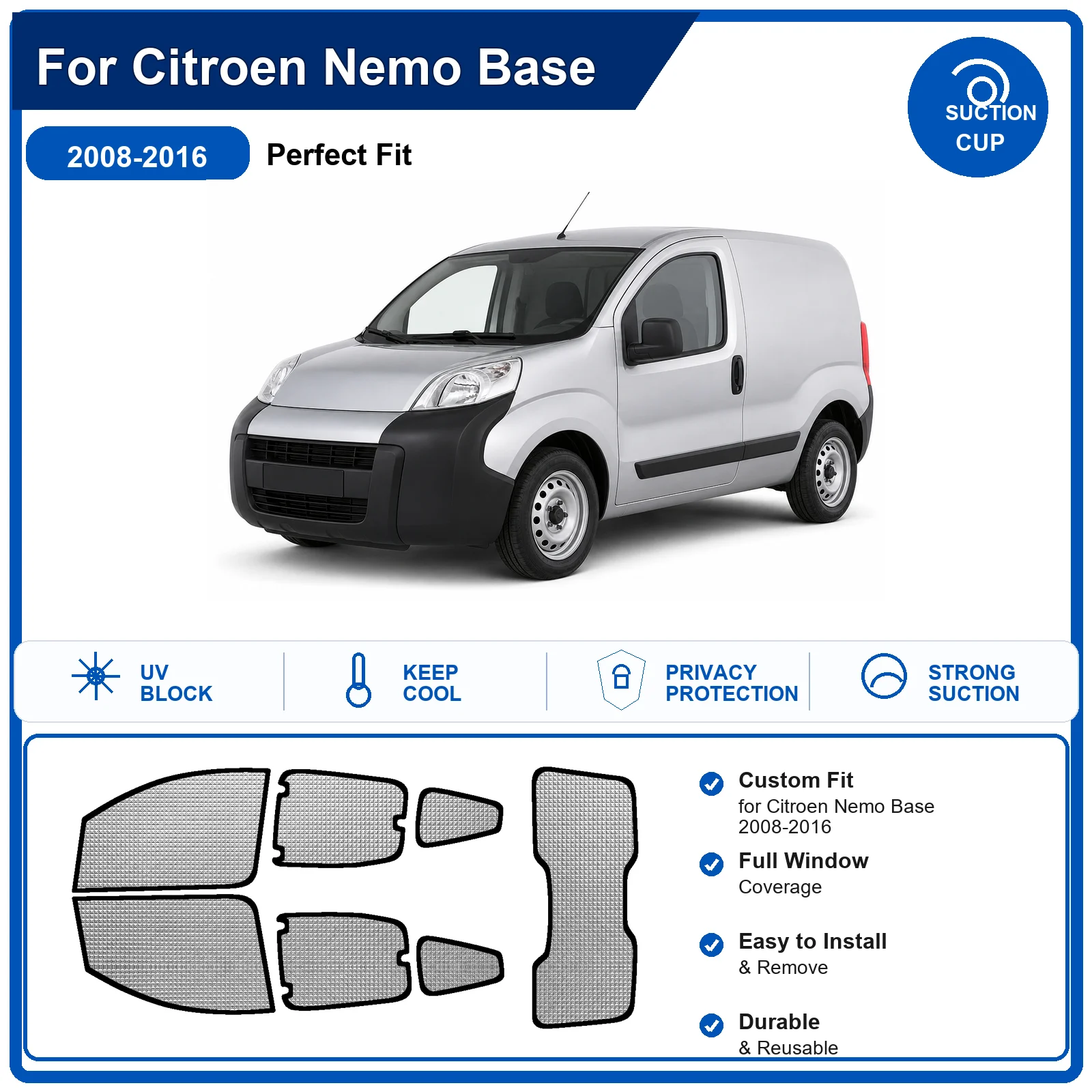 For Citroen Nemo Base 2008-2016 Custom Full Set Windshield Sun Shade Aluminum Foil Heat Insulation Anti UV Foldable