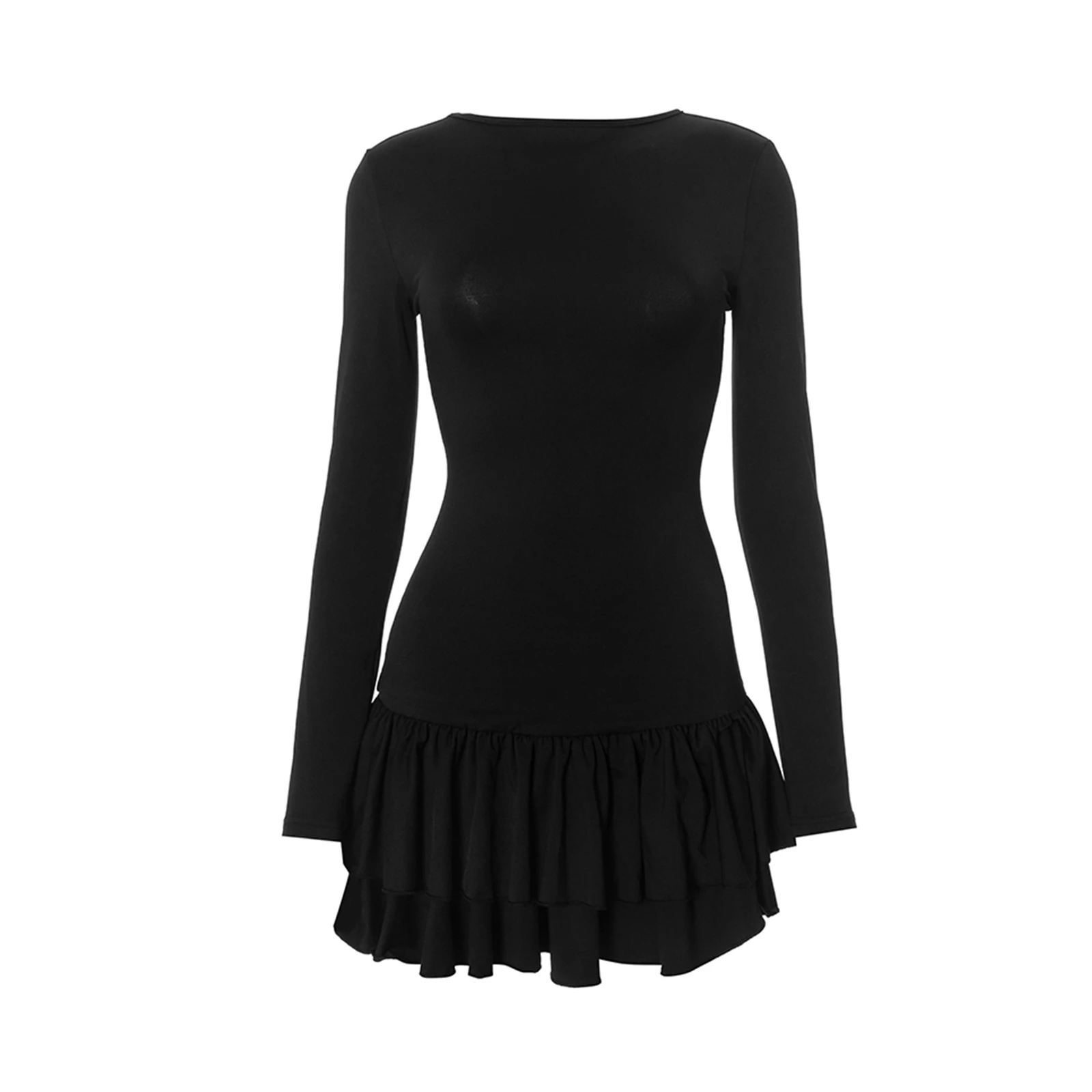 ชุดเดรสแขนยาวสตรีฤดูใบไม้ผลิฤดูใบไม้ร่วงสีทึบรอบคอ Layered Ruffle SLIM FIT ชุดมินิสําหรับปาร์ตี้ทุกวัน Club Streetwear