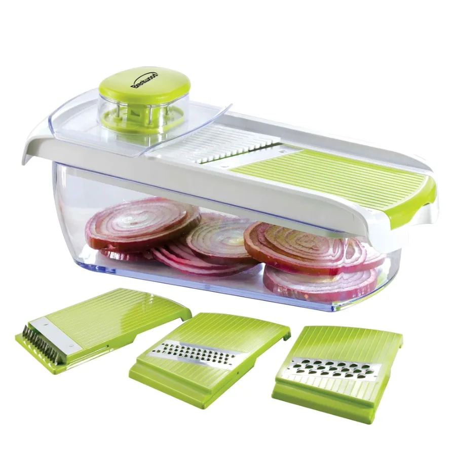 

Mandolin Slicer with 5 Cup Storage Container and 4 Interchangeable Stainless Steel Blades in Green