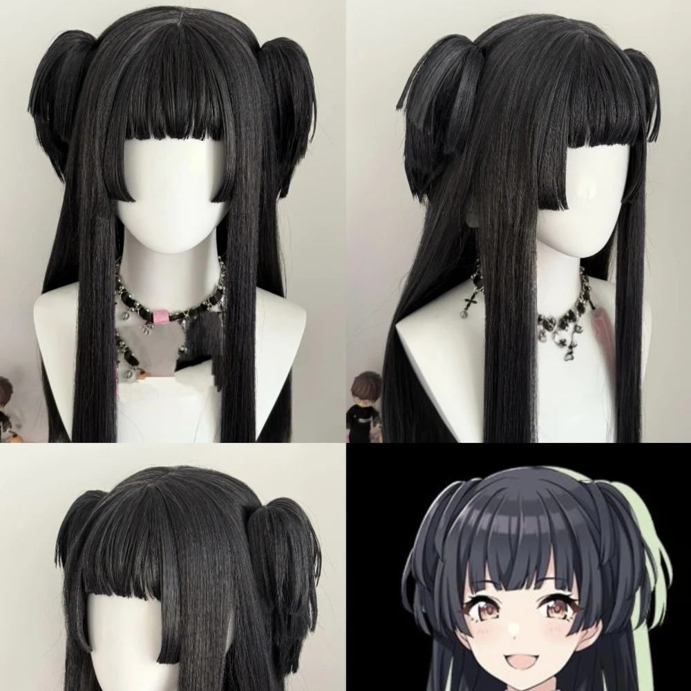 Mayoi Fuyuko Cosplay Wig Black Long Hair With Detachable Twin Ponytail Clips Heat-resistant Synthetic Fiber Wig With Rose Net