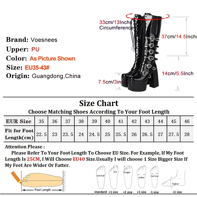 14CM Chunk Heels Women Platform Square Toe Shoes Punk Rock Knee High Boots Europe and America Large Size Shoes Black Long Boots